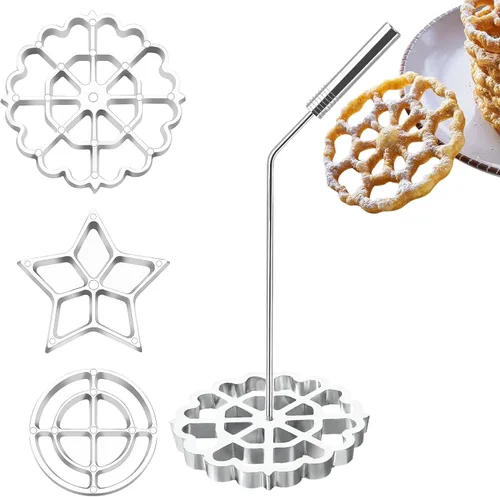 Vista 8 de Molde para Bunuelos con mango, juego de hierro timbal de roseta, moldes de aluminio para gofres con mango, anillo de pastel de embudo, Molde
