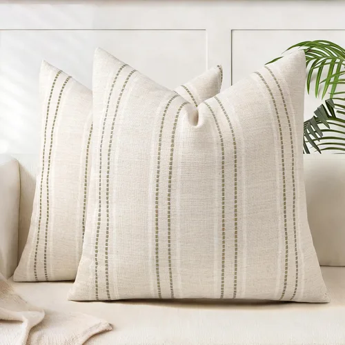 Vista 28 de AELS Fundas de Almohada Decorativas de Lino Estilo Granja de 16x16, Funda de Almohada con Textura Boho, Juego de 2, Beige con Rayas de Hilo Teñido