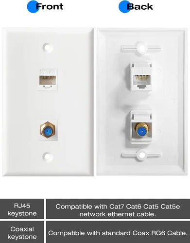 Vista 4 de Placa de pared coaxial Ethernet - Placa de pared tipo F Cat6, 1 puerto Keystone Cat6 y 1 puerto tipo F conector coaxial Keystone - Blanco