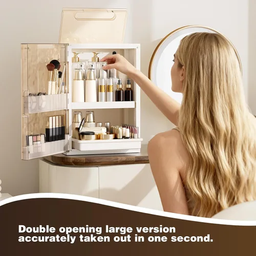 Vista 8 de Organizador de maquillaje con cajones, organizador de cuidado de la piel para tocador, vitrina grande de cosméticos con asa, organizadores