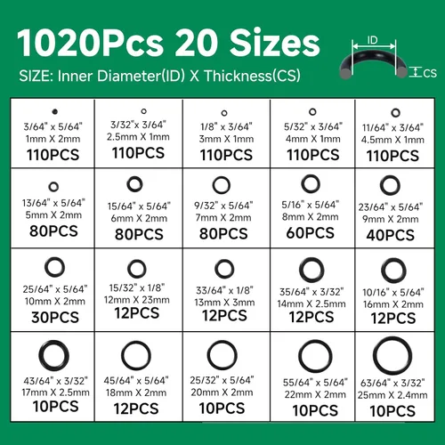 Vista 2 de 1020 Pcs O Ring Kit, 20 Sizes Nitrile Rubber O Ring Assortment Kit