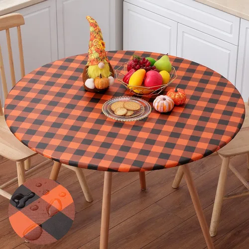 Vista 20 de misaya Mantel redondo ajustable con borde elástico, mantel de vinilo impermeable a cuadros de búfalo con parte trasera de franela para mesas