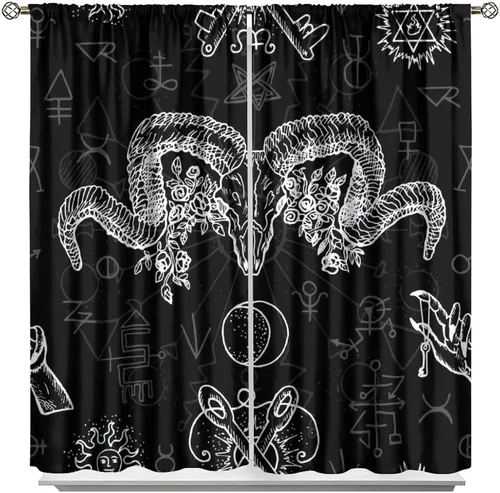 Vista 11 de BAEKJIN Cortinas de cabeza de cabra, diseño de calavera malvada, bruja, símbolo misterioso, bolsillo para barra, cortinas opacas para ventana, juego