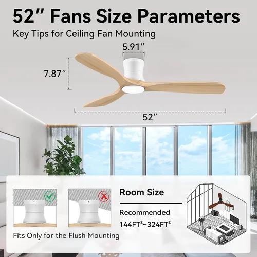 Vista 6 de Livory - Ventiladores de techo empotrados inteligentes de 52" de madera con luces y control remoto, motor CC silencioso, ventilador de techo ultra