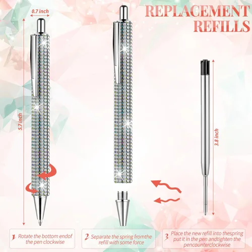 Vista 7 de Bolígrafos brillantes para diamantes de imitación, 4 bolígrafos plateados brillantes con 8 repuestos retráctiles de tinta negra para suministros