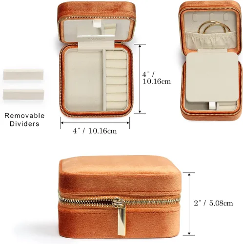 Vista 4 de BLUTETE Joyero de viaje organizador de terciopelo con anillos de espejo, aretes, collares, caja organizadora de almacenamiento (naranja)