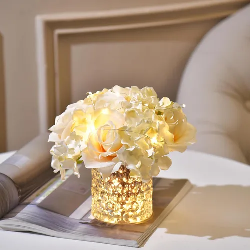 Vista 2 de Arreglo floral de seda de rosas artificiales en jarrón de vidrio con luz LED, elegante centro de mesa para el hogar, boda, baño, mesa, estante