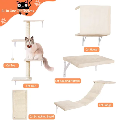 Vista 5 de Muebles modernos para gatos montados en la pared, 5 estantes de pared para gatos, escalador de madera incluye casa, puente, árbol, escalones