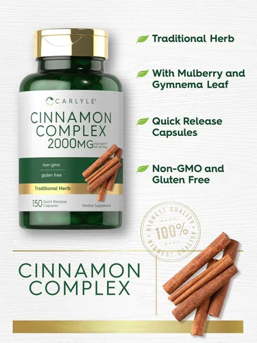Vista 4 de Carlyle Complejo de canela de Ceilán con gimnema y morera 150 cápsulas Suplemento sin OMG, sin gluten