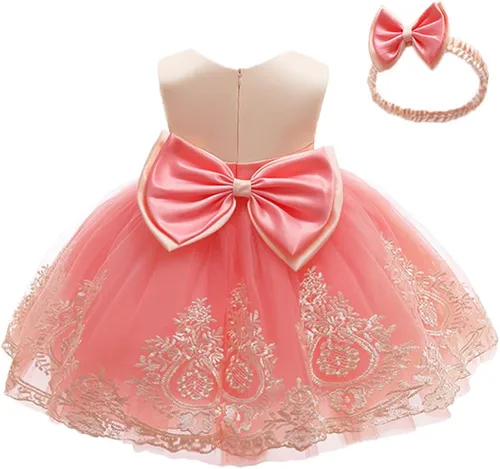 Vista 12 de 3M-6T Vestidos de Encaje con Lazo para Niñas Pequeñas Vestido de Gala Bordado para Bebé con Diadema