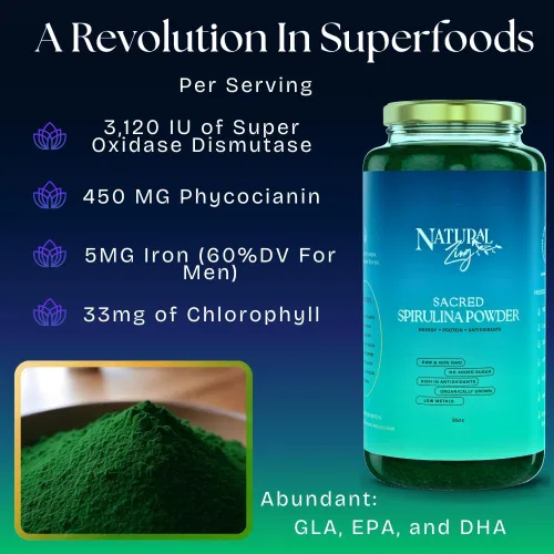 Vista 2 de Natural Zing Espirulina 100% pura (cruda, orgánica) 1000 16 onzas en polvo Proteína vegana Ficocianina Beta caroteno