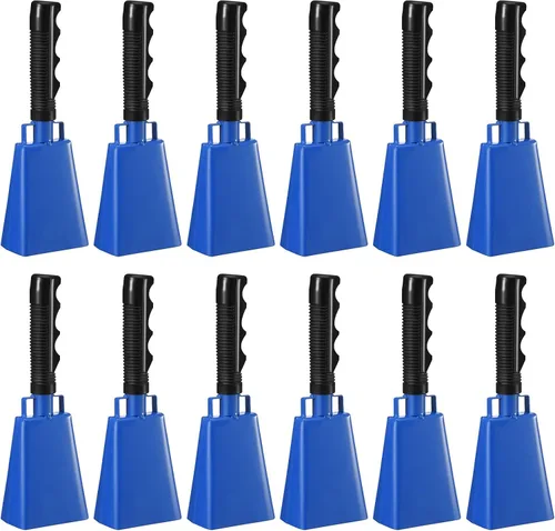 Vista 14 de Pelopy 12 campanas de vaca grandes de 9 pulgadas con mango para eventos deportivos, cencerros de percusión de mano, campanas de campana de animación