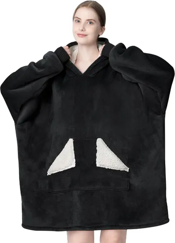 Vista 10 de Touchat - Manta con capucha portátil, sudadera con capucha de forro polar sherpa de gran tamaño con bolsillo gigante y mangas para adulto, regalo
