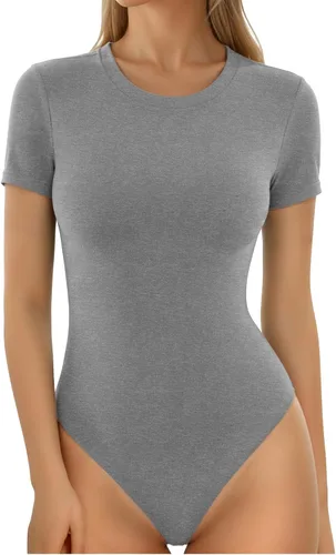 Vista 13 de MANGOPOP - Body de cuello redondo para mujer, manga corta y manga larga, camisetas ajustadas y básicas A1 Manga Corta Negro