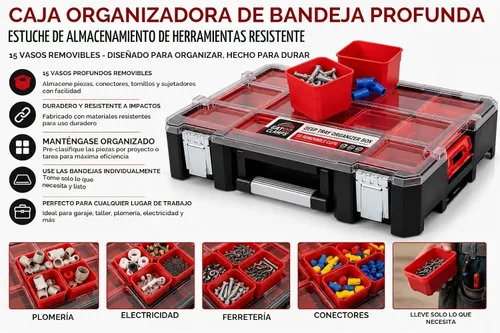 Vista 3 de Caja organizadora de bandeja profunda, estuche de almacenamiento de herramientas resistente con 15 tazas extraíbles, herrajes, plomería, contenedor