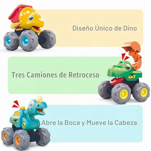 Vista 4 de iPlay, iLearn Juguete de camión monstruo de dinosaurio de 3 piezas, auto de tracción para bebé, camiones de construcción de dinosaurios Push Go