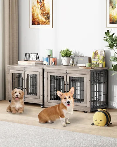 Vista 7 de YaFiti Mueble de jaula para perros con cojín, perrera de madera para interiores con puertas dobles, jaula para perros con ruedas, mesa auxiliar
