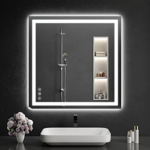 Vista 26 de Espejo de baño LED de 30 x 48 pulgadas con luces, regulable, antivaho, espejo de tocador de baño para pared, retroiluminado + luz frontal, función