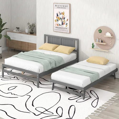 Vista 3 de Harper & Bright Designs Base de cama de tamaño matrimonial con nido ajustable, cama de plataforma matrimonial de madera con cabecero, marco de cama