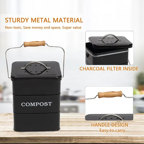 Vista 5 de Cubo de compostaje para encimera de cocina, cubo de compostaje para interiores, ideal para restos de comida, acero al carbono, asas, negro, 1 galón
