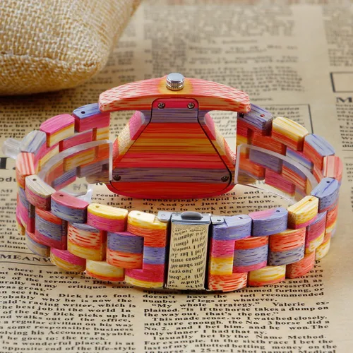 Vista 5 de Tiong Reloj de madera para mujer con correa de madera, cuarzo analógico, diseño clásico, colorido reloj de pulsera de bambú para damas, parejas..