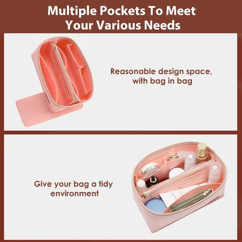 Vista 4 de KESOIL Inserto organizador de bolso para bolsos, Fit Speedy 30 Neverfull Felt Tote Insert con Base Shaper Zipper Bag en bolsa (rosa fieltro, grande)