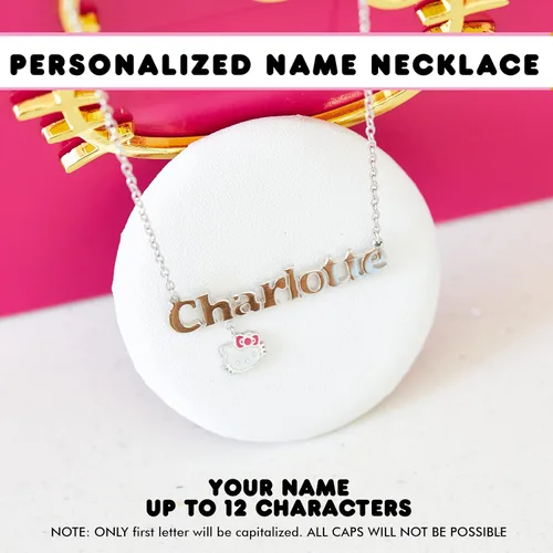 Vista 4 de Hello Kitty Collar con nombre personalizado plata chapada en oro de 14 quilates y collar con nombre personalizado cara