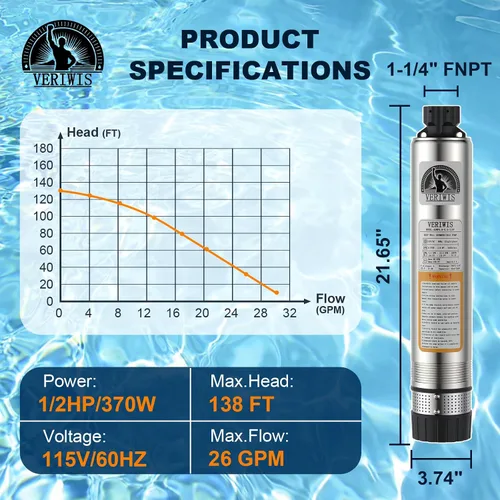 Vista 2 de Bomba de Tanque Séptico Sumergible de 4" para Efluente de Cisterna de Pozo Profundo con Succión Inferior Resistente a Obstrucciones Cable UL de 33