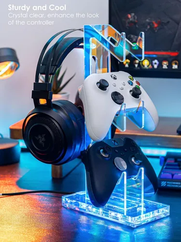 Vista 18 de OAPRIRE Headset and Controller Stand with Lights, 2 Tier Acrylic Game Controller Holder, Controller and Headset Stand for Desktop,Universal Design