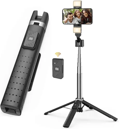 Vista 5 de Trípode Cuadrápode para Palo de Selfie de 41" con 2 Luces de Relleno Recargables, Trípode Extensible con Control Remoto Bluetooth, Acero Inoxidable
