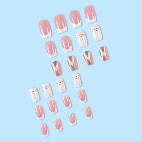 Vista 3 de Uñas postizas a presión de punta francesa, uñas postizas cuadradas cortas, uñas postizas de punta blanca con diseños de lujo rosa brillante