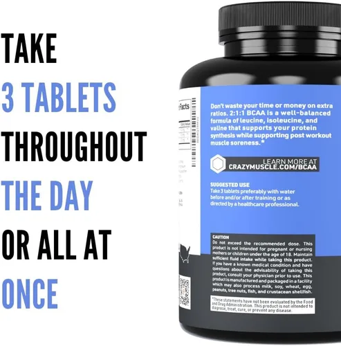 Vista 5 de Crazy Muscle Pastillas BCAA con la proporción perfecta 2:1:1 de aminoácidos de cadena ramificada suplemento – 1000 mg de BCAA por píldora