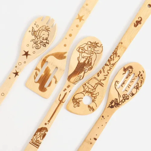 Vista 6 de Cucharas de bambú orgánico The Little Mermaid para cocinar patrón de cartton personalizado cocina utensilios quemados espátula artículos