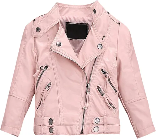 Vista 7 de Evelin LEE Niños Niñas Cuero PU Manga Larga Stand Collar Moto Chaqueta Casual Zip Up Outwear Abrigo