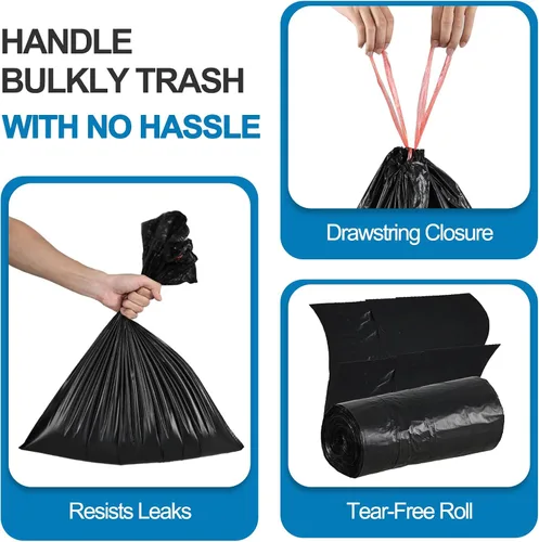 Vista 3 de Begale Bolsas de basura con cordón de 6 galones, bolsas de basura negras con cordón pequeño, 115 bolsas de basura sin desgarro No-Tear Trash Bags