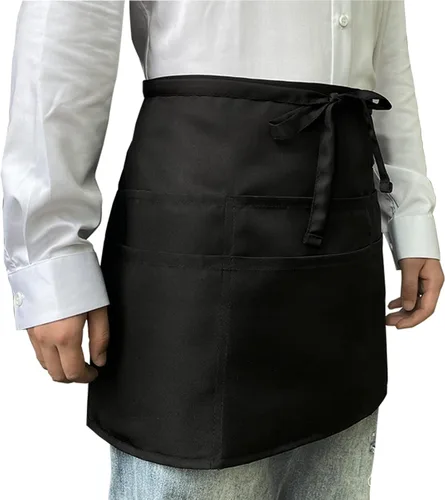 Vista 8 de Delantales de servidor negros con 6 bolsillos, delantal de cintura para camarero unisex, peluquero y limpiador