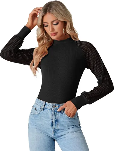 Vista 3 de LYANER Blusa elegante de punto con cuello redondo para mujer, blusa de manga larga con encaje