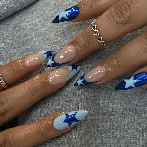 Vista 36 de Uñas postizas de almendra medianas MABKJLF con punta francesa, uñas falsas 3D con diseños de pedrería de flores de fresa, uñas pegajosas brillantes 1