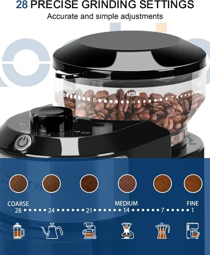 Vista 7 de Lonkion Molinillo de café eléctrico de rebabas - Molinillo de rebabas ajustable con 28 ajustes precisos de molienda para 12 tazas - Molinillo