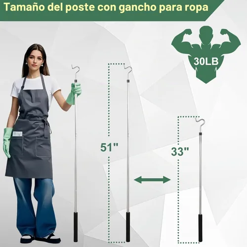 Vista 2 de Poste de gancho para ropa, 51 pulgadas, alcance de poste de armario con gancho, mango de esponja de acero inoxidable, longitud del mango de la ropa