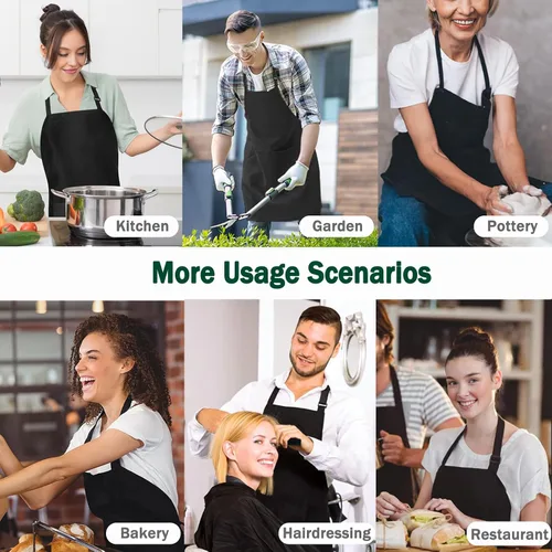 Vista 7 de Paquete de 4 delantales negros impermeables, delantales ajustables con 2 bolsillos para hombres y mujeres, delantal de trabajo profesional