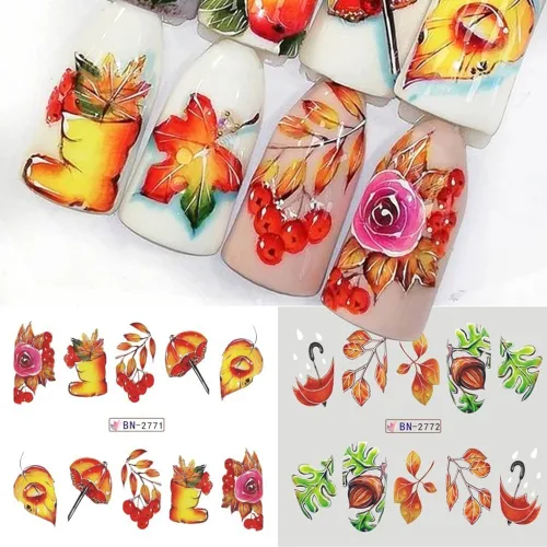 Vista 5 de 12 hojas de calcomanías de uñas de otoño de Acción de Gracias para arte de uñas, hojas de arce, calcomanías de calabaza para uñas de transferencia