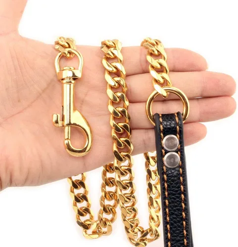 Vista 2 de Correa de cadena dorada de 4.3 pies para perros con cómoda asa de tráfico acolchada para perros de razas pequeñas, medianas y grandes, resistente