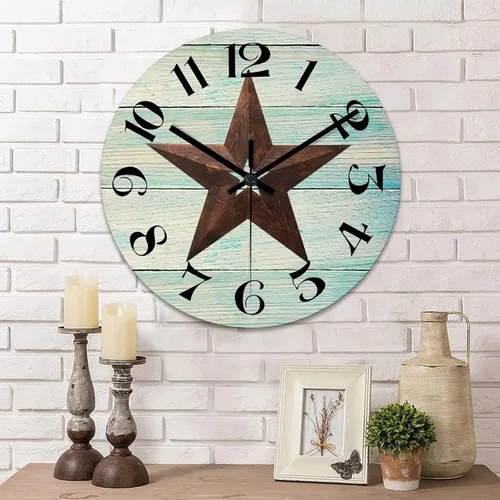 Vista 12 de Reloj de pared redondo de estilo rústico con estrellas del oeste de Texas, reloj de madera, silencioso, sin tictac, funciona con pilas, con números
