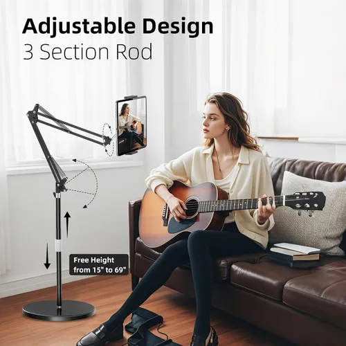 Vista 5 de Soporte de piso para tablet con base estable de 12 libras, soporte para teléfono iPad con brazo elástico de altura ajustable para iPad Pro Air Mini