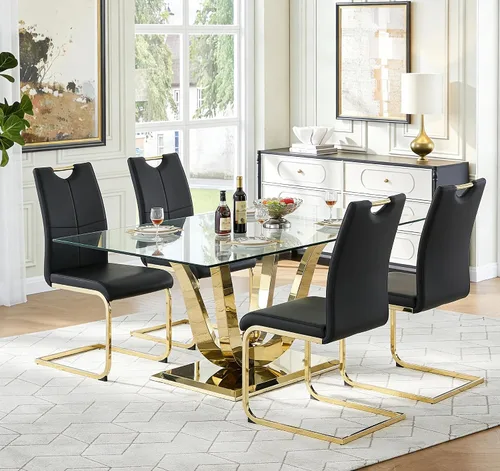 Vista 14 de Juego de mesa de comedor de vidrio de 70 pulgadas para 4, mesa rectangular de cristal dorado con 4 sillas de piel sintética, juego de mesa de Mesa