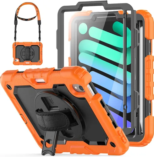 Vista 12 de HXCASEAC - Funda para iPad mini 7 (A17 Pro) / iPad mini 6 de 8,3 pulgadas, a prueba de golpes Pencil Holder Hand Strap Screen Protector