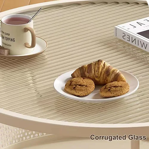 Vista 3 de Mesa de centro de cristal con ruedas giratorias, mesa de té redonda de 2 niveles con cesta de almacenamiento hueca de hierro, moderna mesa central