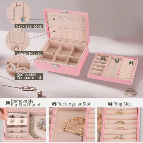 Vista 4 de Smileshe Joyero para mujeres y niñas, organizador de piel sintética con cerradura, 2 capas extraíbles de almacenamiento de viaje para anillos
