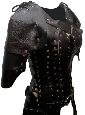 Vista 3 de Armadura de cuero medieval para mujer, armadura de cuero negro, disfraz de personaje LARP
